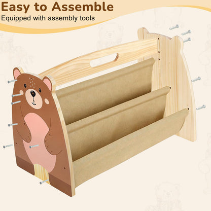 SheSeek Toddler Bookshelf Double-Sided with 4 Tier Deep Sleeves Kids Wooden Montessori Book Rack for Baby Nursery Room, Playroom, Classroom or Bedroom Bookcase Storage Organizer, Brown Bear