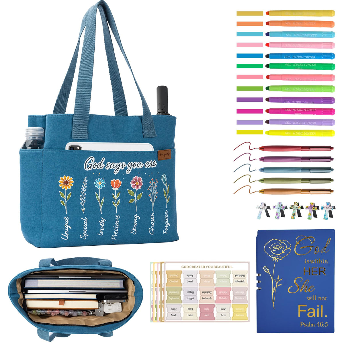 25 PCS Bible Study Supplies Kit, Large Capacity Canvas Tote Bag for Women Organizer, Bible Highlighters and Quick Dry Pens No Bleed Through, Notebook Bible Tabs Cross Bookmark Journaling Accessories