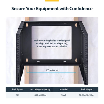 StarTech.com 2-Post 8U Wall Mounted Rack, Adjustable Depth up to 16in, for 19-inch Server/Data/Networking Equipment, Max 88lb