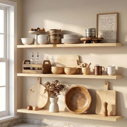Fun Memories Solid Wood Floating Shelves for Wall, Set of 2 – 18 Inch Rustic Farmhouse Wall Shelf, Deep Natural Wood Storage Shelf for Kitchen, Living Room, Bedroom – Natural Clear Finish