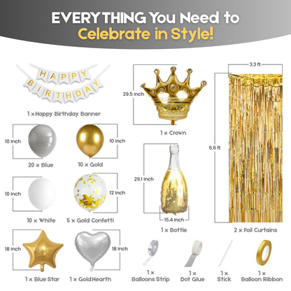 BURGANN Gold Birthday Party Decorations Set, White Silver Gold Balloon Garland Kit with Banner, Crown, Champagne Bottle, Foil Backdrop