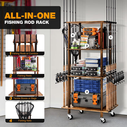 Ghosthorn Fishing Rod Holders Fishing Pole Rack for Garage Hold up to 10 Rods Wooden Fishing Pole Holders Organizer Fishing Rod Rack Fishing Gear Storage Equipment(Carbonization，4 Tier)
