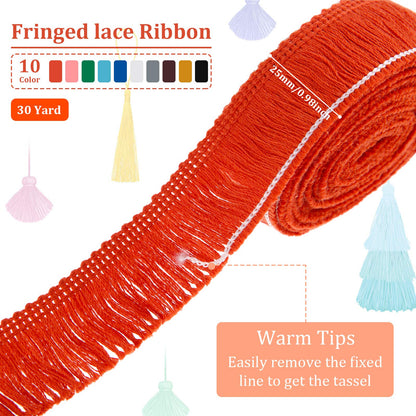 Syhood 10 Rolls 30 Yards 25 mm Wide Fringe Tassel Trim, Lace Ribbon Fringe Trim Lace for Sewing Crafts Clothing, Curtains(Colorful)