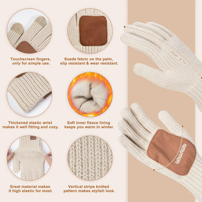 Womens Fleece Lined Winter Hat, Scarf and Glove Set - With Pom Pom Beanie, Long Scarf and Touchscreen Gloves (Oatmeal)