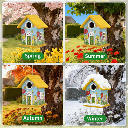 Wooden Bird Houses Bird House for Outside Yellow Wood Bird House for Outdoors,Handmade Painted Tulips Bird Houses for Garden Blue Bird Hummingbird Wren Cardinal Swallow Sparrow Finch Chickadee