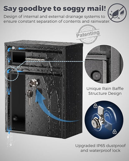LAND·VOI Mailbox for Outside Wall Mount, Heavy Duty Rustproof, Anti-Theft Locking Mailbox with 4 Keys, Weatherproof for Residential & Apartment, 12.2"×9.5"×4.7", Black, Small