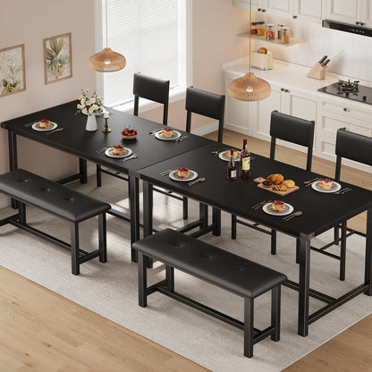 Garvee Wooden Dining Table Set for 4, Kitchen Table and 2 Upholstered Chairs with Bench, Rectangular Dining Room Set, for Small Space, Apartment, Home, Easy Assembly, Retro Black