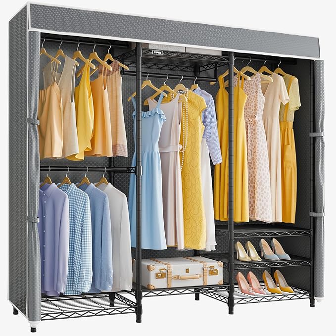 VIPEK V5C Medium Covered Clothes Rack Heavy Duty Portable Closet Wardrobe, Freestanding Black Clothing Rack with Grey Upgraded Polyester Cover, Adjustable Custom, 56.7" Lx15.7 Wx76.4 H