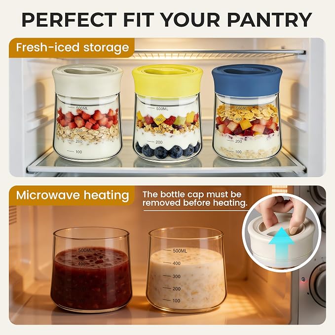 MOODTALK Overnight Oats Containers with Lids 2026 Upgrade - 17oz Glass Mason Jars- Anti-Slip Design Borosilicate Glass Storage Tank - Moisture-Proof Oat Snack Can