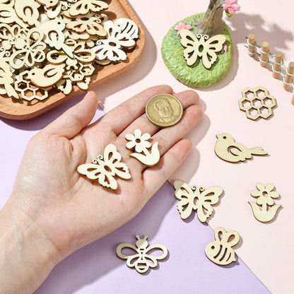 UR URLIFEHALL 200 pcs Random Wooden Spring Ornaments to Paint Blank Unfinished Flower Butterfly Bee Wood Cutouts for Crafts Hanging Decorations