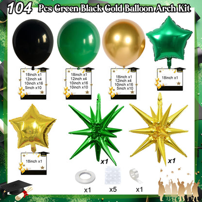 Graduation Balloon Arch Kit 2026 Green and Gold Black Balloon Garland Emerald Forest Dark Green Balloons with Star Foil for Congrats Grad Retirement Prom Birthday Football Party Decorations, 104Pcs