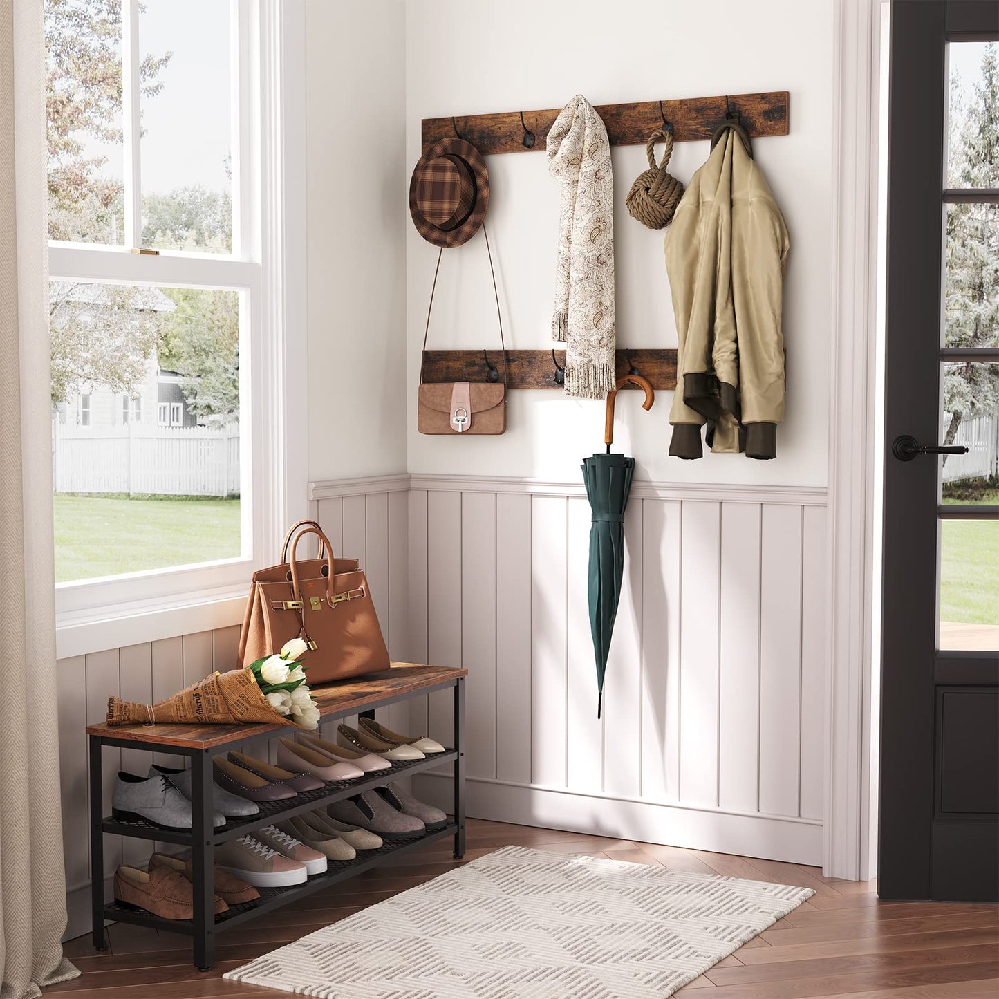 HOOBRO Extra Large Hall Tree with Shoe Bench and Coat Rack, Wood and Metal, 39.4"L x 14"W x 71.7"H