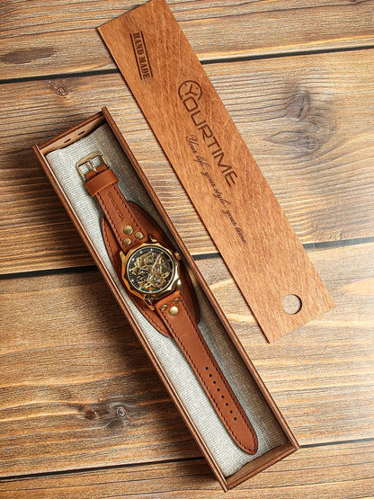 YOURTIME Skeleton Mechanical Watch for Men and Women – Automatic Transparent Golden Dial, Wide Handmade Genuine Leather Strap, Vintage Steampunk Style