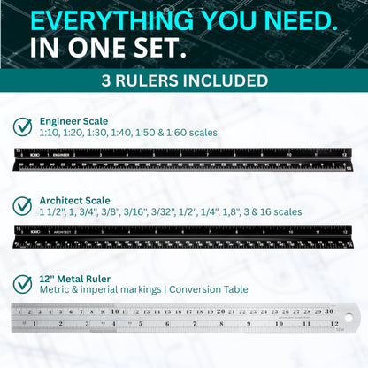 NOKKO Architectural Scale Ruler Set with Engineer Scale and Metal Ruler, 12 Inch Aluminum Drafting Rulers for Blueprints, Engineering Drawings and Floor Plans