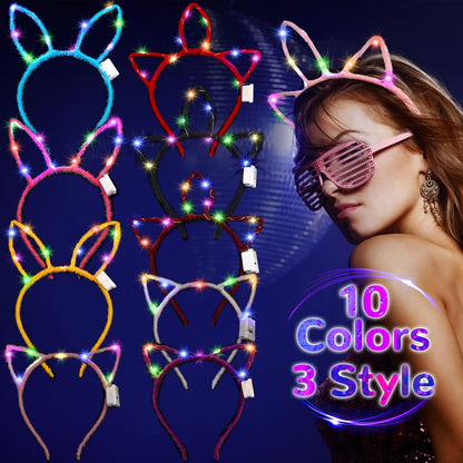 Janinka 60 Pcs Glow in the Dark Headbands Set, Cat Ear Headband Unicorn Rabbit Bunny Lighted Ear Headband Bulk for Valentine's Day Mardi Gras Easter Favors Women Birthday Gift Supplies