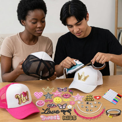 HEYTRCO 46PCS DIY Trucker Hat Kit, 3 Mesh Foam Hats with Iron-On Embroiederd & Sequin Patches, Hat Pins, Hat Chains, 8-Color Markers & Heat-Resistant Tape – Creative Girls Party Craft Set
