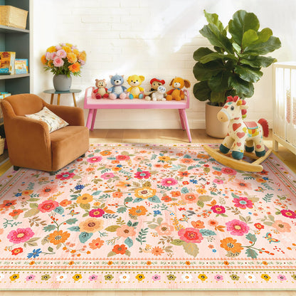 5x7 Area Rugs, Washable Floral Rug, Low Pile Non-Slip Carpet, Flower Rug for Living Room Bedroom Hallway Entryway Kitchen Office, Pink Beige