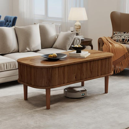 Fluted Lift Top Coffee Table with Hidden Storage, Oval Coffee Table with Lifting Top, Mid Century Modern Design for Living Room, Office & Small Spaces, Walnut