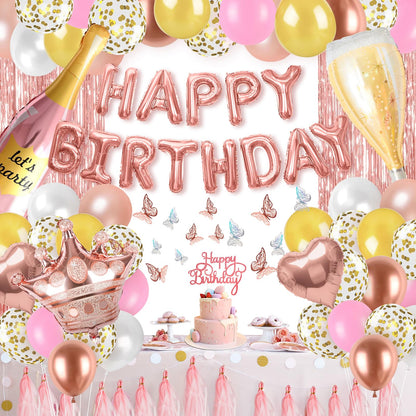 Pink Happy Birthday Decoration Kit: 96pcs Reusable Happy Birthday Banner & Balloon Garland Set, Pink Gold Party Supplies for Women Men Adults Kids, Backdrop Decor