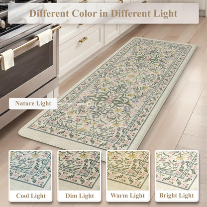 Collive Anti Fatigue Mat for Kitchen Floor, Spring Floral Kitchen Mats for Floor Set of 2, Beige Cushioned Waterproof Sink Rugs Non Slip Comfort Standing Rug for Office, Laundry, Desk
