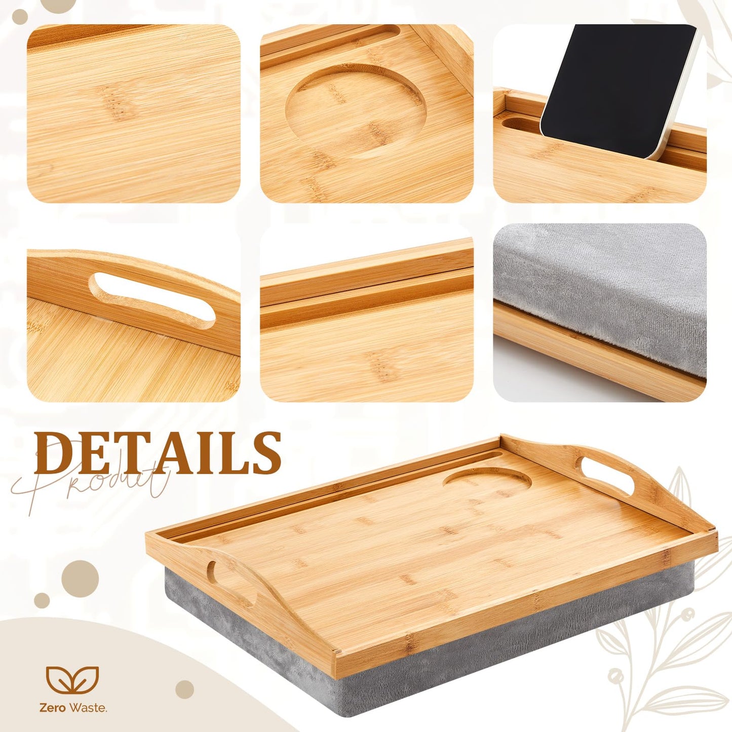 Pickmesh 2 Pcs Bamboo Lap Tray with Detachable Pillow Wood Bed Food Trays with Cushion 16.9 x 13 Inch for Adults Elderly Eating Food Breakfast Dinner in Recliner (Wood Color)