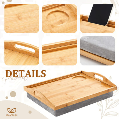 Pickmesh 2 Pcs Bamboo Lap Tray with Detachable Pillow Wood Bed Food Trays with Cushion 16.9 x 13 Inch for Adults Elderly Eating Food Breakfast Dinner in Recliner (Wood Color)