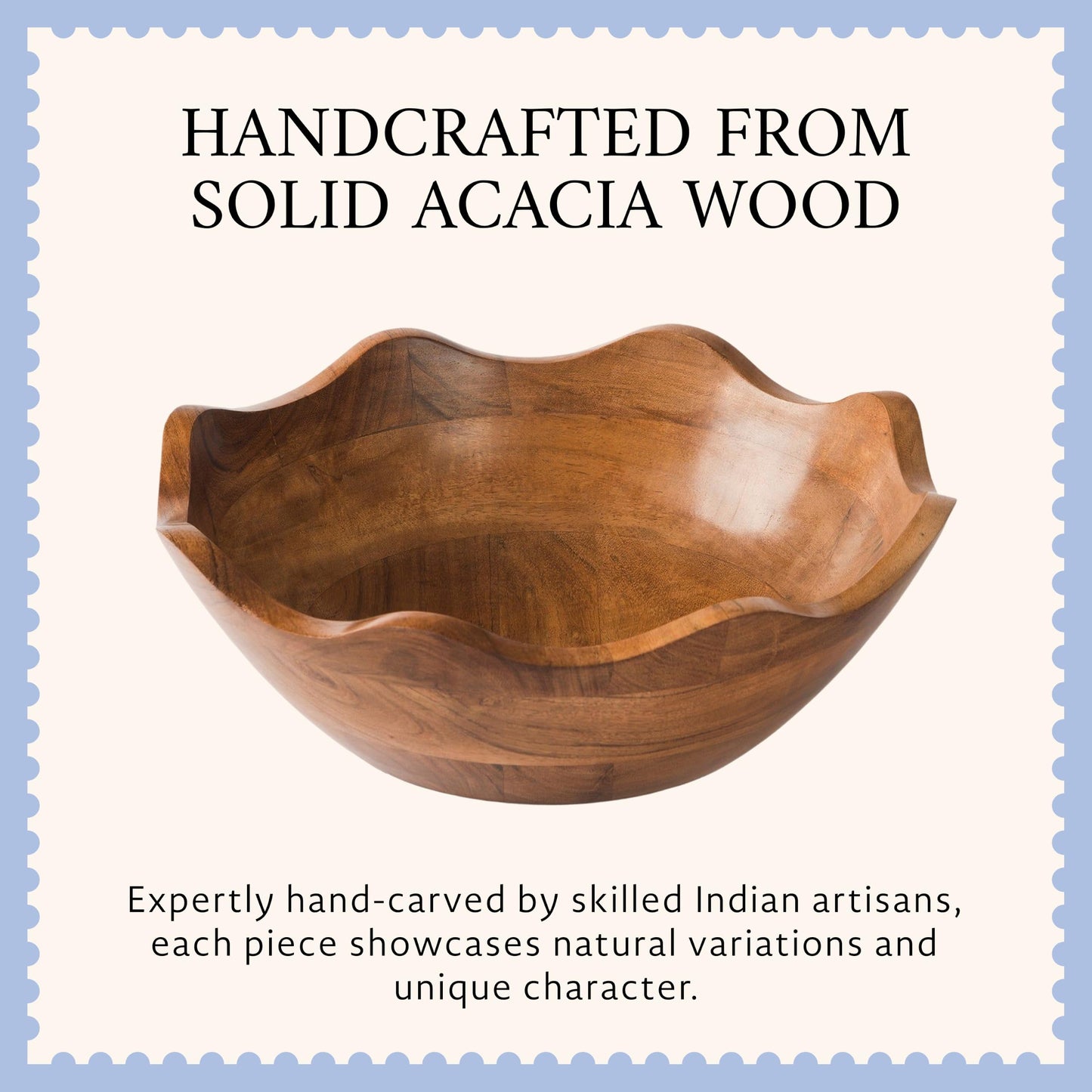 Mela Artisans 12 in Wide x 4 in Tall Scalloped Acacia Wood Salad Bowl – Decorative Serving and Fruit Bowl with Natural Finish for Kitchen Counter, Pasta, Bread & Home Decor