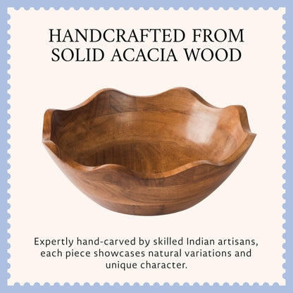 Mela Artisans 12 in Wide x 4 in Tall Scalloped Acacia Wood Salad Bowl – Decorative Serving and Fruit Bowl with Natural Finish for Kitchen Counter, Pasta, Bread & Home Decor