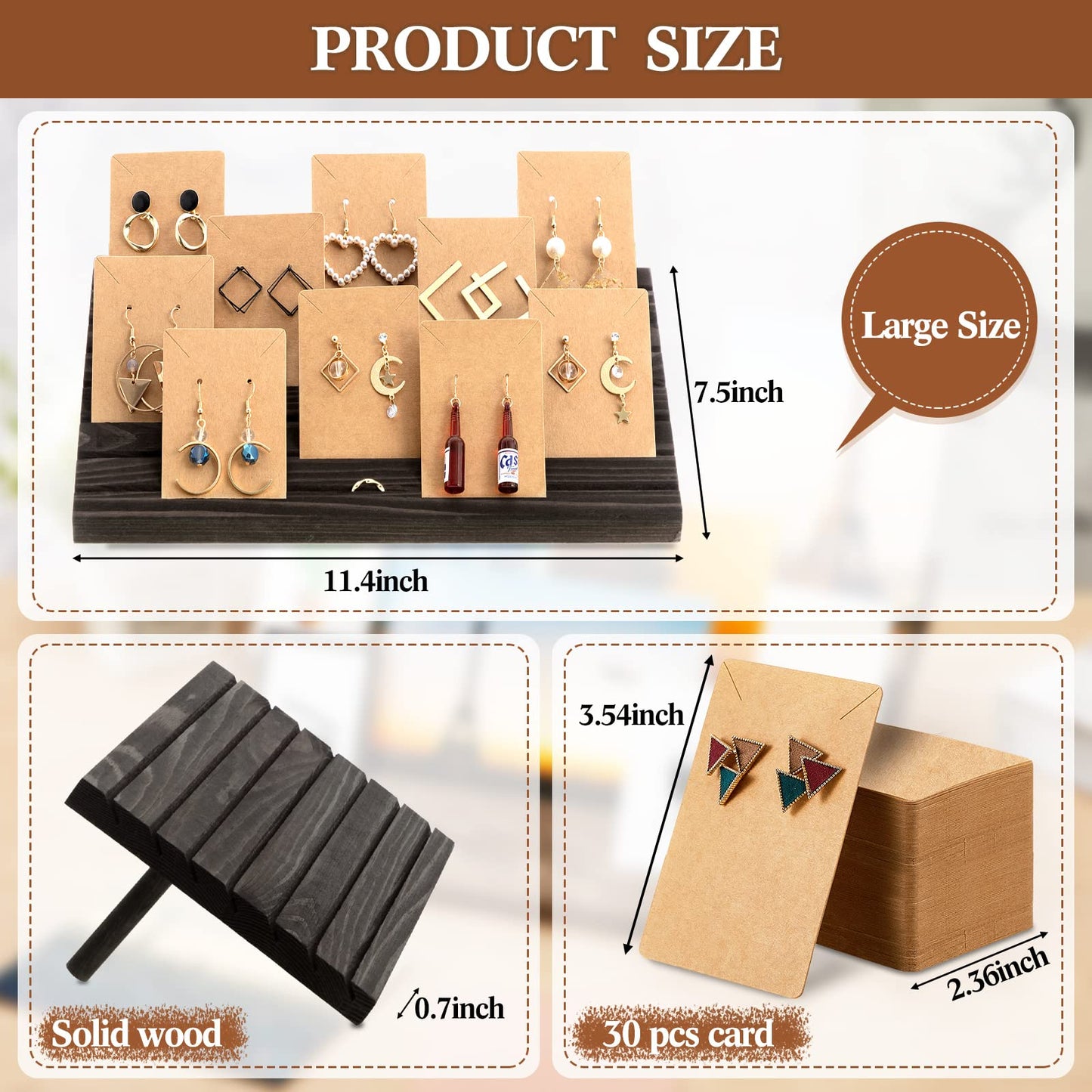 Blulu 31 Pack Wooden Earring Display Stand 7 Slots jewelry Display Holder with Earring Card for Selling Vendors Retail Show(Black Gray)