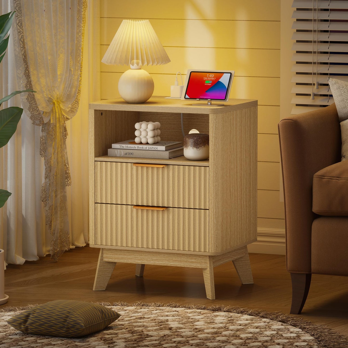 Turosur Night Stand with Charging Station, Fluted Nightstand with 2 Drawers, Wood Bedside Table with Open Storage, Modern Nightstands for Bedroom, Natural