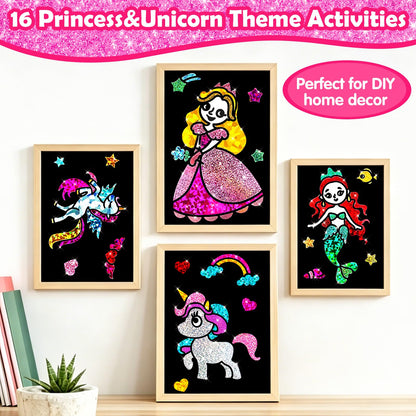 FUNNYB&G Foil Art Craft Kit for Girls 4-10 Years Old: Mess-Free & No-Glue, Create 16 Sparkly Princess Unicorn Pictures – Perfect Travel Toy & Birthday Gift for Kids (Princess)