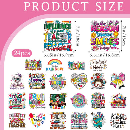 INCOK Teacher Iron on Transfers for Clothing - 24 PCS DTF Transfers Ready to Press Bow Pencil Iron on Vinyl Design Heat Decals Stickers for Teacher Appreciation Week T-Shirts Bag Hoodie Hat Dress