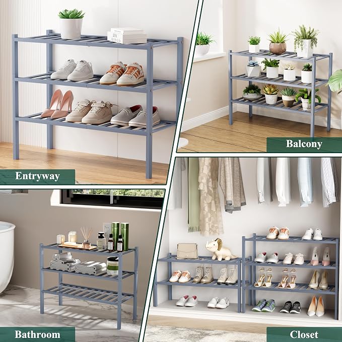 Smiry Bamboo Shoe Rack, 2 Tier Free Standing Wooden Shoe Organizer, Stackable Wood Shoe Storage Shelf for Closet, Entryway, 12 Vertical Slats, One-piece Standard Legs, 26.8"x11"x13", Grey