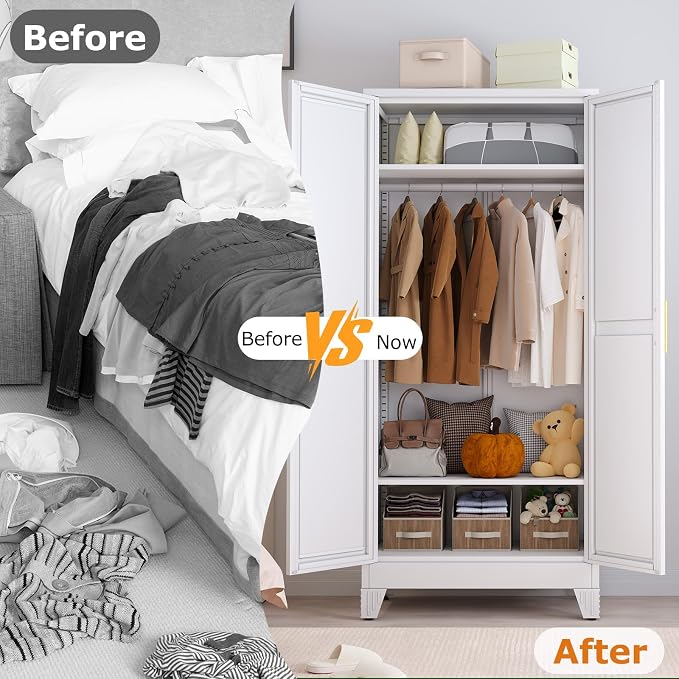 Metal Wardrobe Storage Cabinet with Mirror and Hanging Rod,71'' Metal Clothing Cabinet with 2 Doors and 2 Adjustable Shelves for Bedroom, Laundry Room, Cloak Room (White)