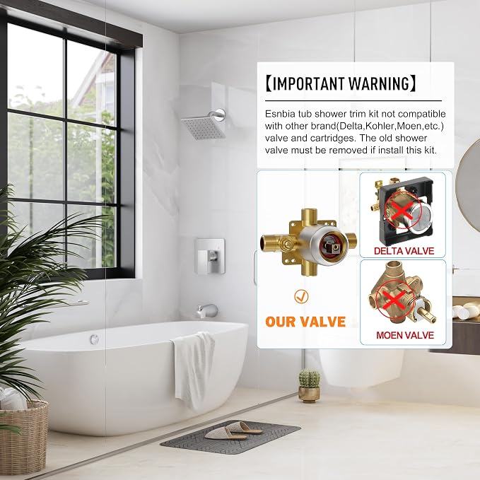 Esnbia Shower Tub Kit, Tub and Shower Faucet Set（Valve Included) with 6-Inch Rain Shower Head and Tub Spout, Single-Handle Tub and Shower Trim Kit,Brushed Nickel