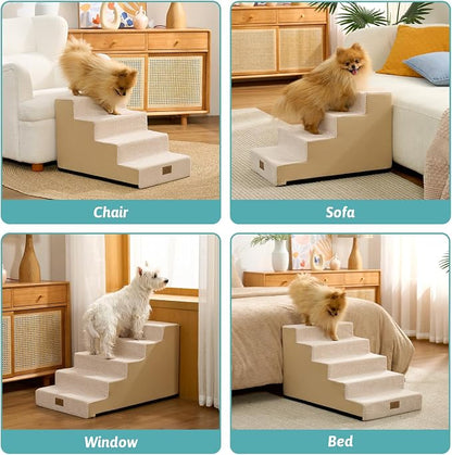 COZY KISS Dog Stairs for Small Dogs 17.7" H, 5-Step Gentle Incline Pet Step for Couch and Beds, Right-Angle Dog Ramp for Puppy Doggie Senior Cats, 17.7x29.5x17.7 Inch, Beige