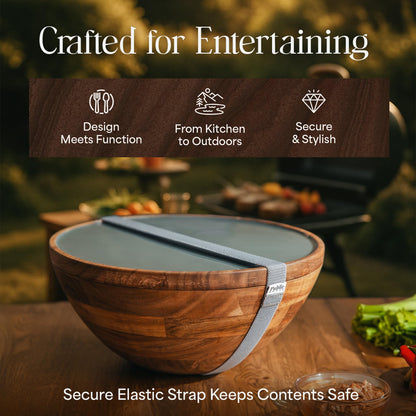 Large Wooden Salad Bowl Set 12.5 Inch with Serving Utensils, Tray Lid and Carry Strap. Acacia Wood Large Salad Bowls Ideal for Fruits and Dishes, Wooden Bowls for Food, Serving and Fruit Bowl