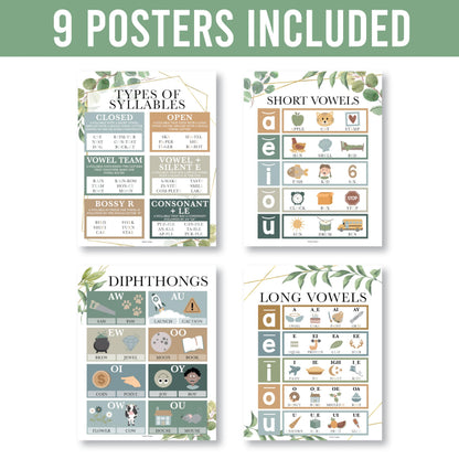 Hadley Designs Phonics Posters for Classroom Must Haves - 9 Sound Wall for Kindergarten & Elementary Teacher Supplies, Syllable, Vowels, Digraphs & Blends Bulletin Board Set, Greenery Classrom Decor