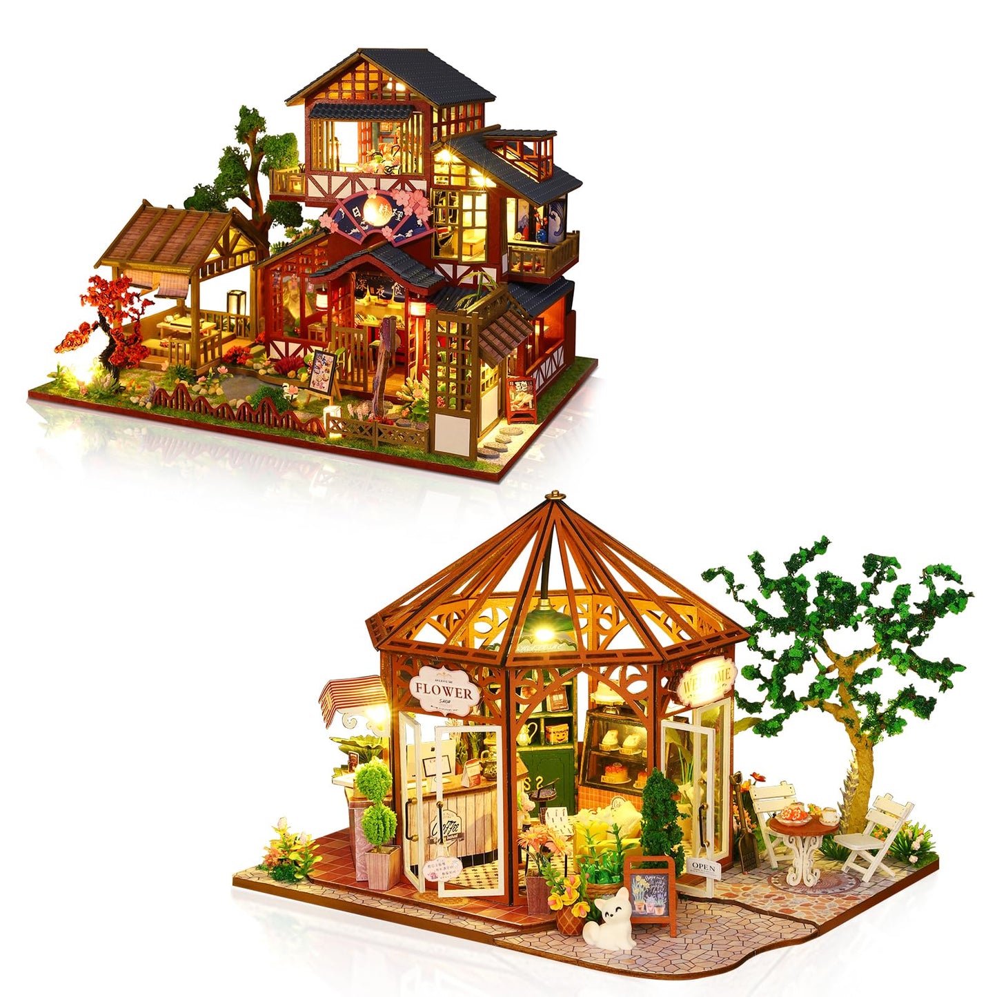 Hallisun DIY Miniature House Building Kits, Japanese Restaurant and Siti Mocha House 3D Wooden Dollhouse Toys, Birthday Festival Gift for Teens Adults with Dustproof Covers