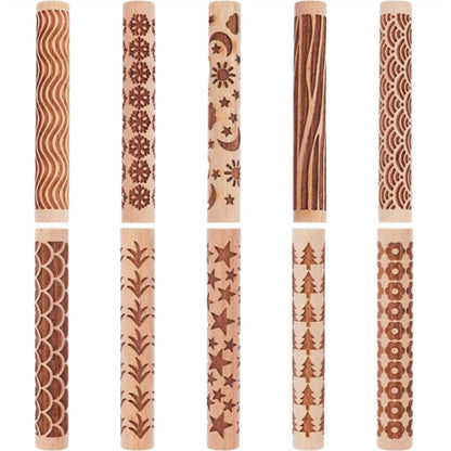YANGYIXIN Wooden Clay Texture Rollers Set 10Pcs for Pottery Clay Roller and Texture Roller Tool Set with 10 Wooden Stamps & Textured Rolling Pins for Ceramics, DIY Handmade Art and Craft Supplies.