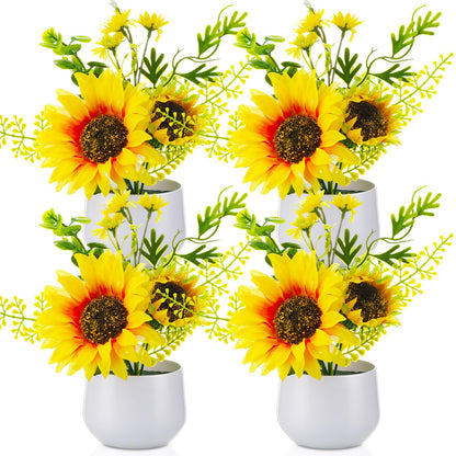 Zeyune 4 Pcs Sunflower Potted Plants Rustic Summer Spring Kitchen Wedding Table Centerpieces Silk Yellow Fake Flower with Plastic Pot for Home Bathroom Office (Classic,Sunflower)