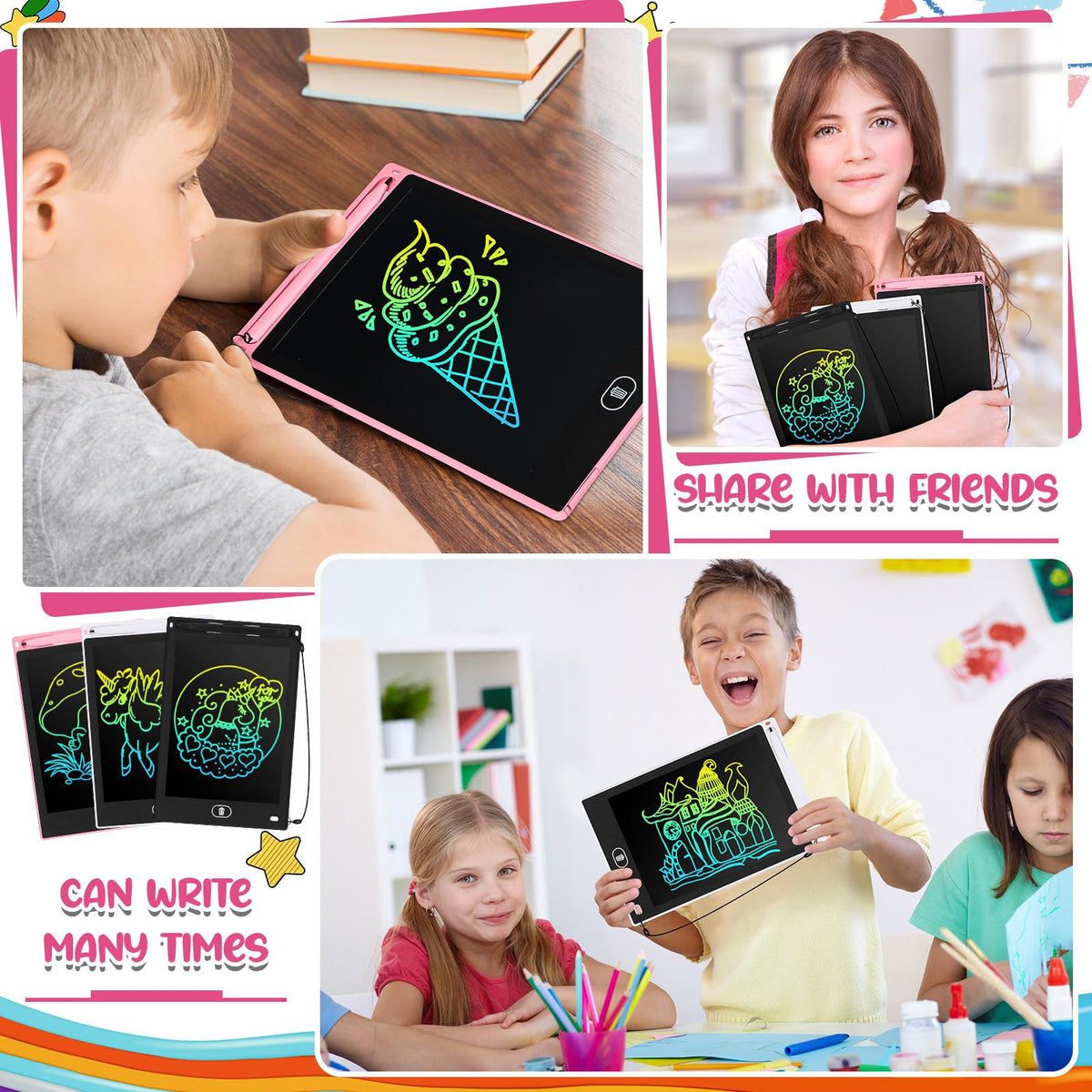 Zhehao 24 Pieces LCD Writing Tablet Doodle Board 8.5 Inch Colorful Reusable Screen Board Pad Reusable Drawing Writing Learning Educational Pad Toys for Girls Boys 8-10 3-10(Simple Round Style)