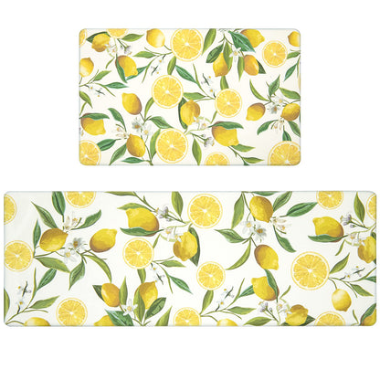 SHACOS Anti Fatigue Lemon Kitchen Rugs Mats Set of 2 Pieces Non Slip Soft Cushioned Wipeable Kitchen Mats for Floor Standing Mats, 17"x27.5"+17"x47", White