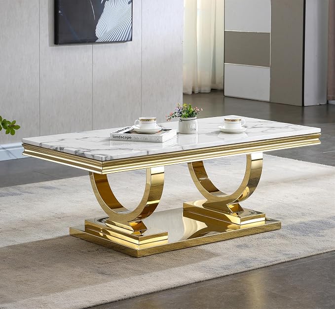 3 Piece Living Room Table Set Include 1 Faux Marble Coffee Table & 1 End Table & 1 Console Table, Modern White Gold Coffee Table Set of 3 with Double O Shape Stainless Steel Pedestal Base