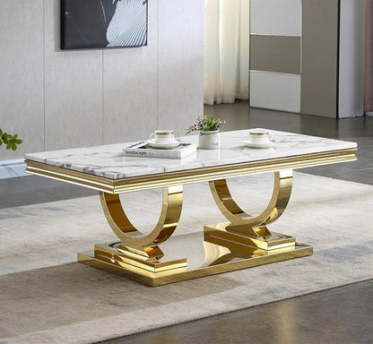 1 Piece Living Room Coffee Table Luxury Faux Marble Center Table, Modern White Gold Coffee Table with Double O Shape Stainless Steel Pedestal Base,1 Table Only