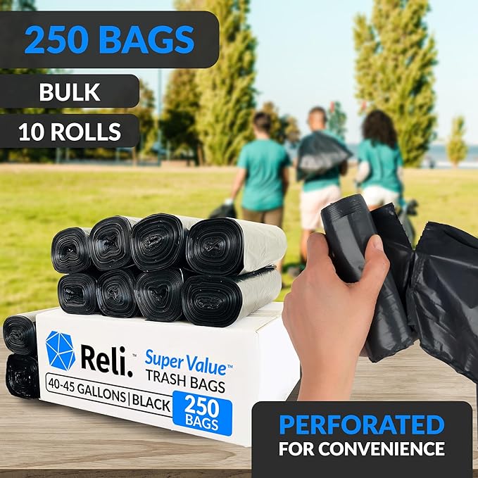 Reli. 40 to 45 Gallon Trash Bags Heavy Duty | 250 Trash Bags | Super Sizeable