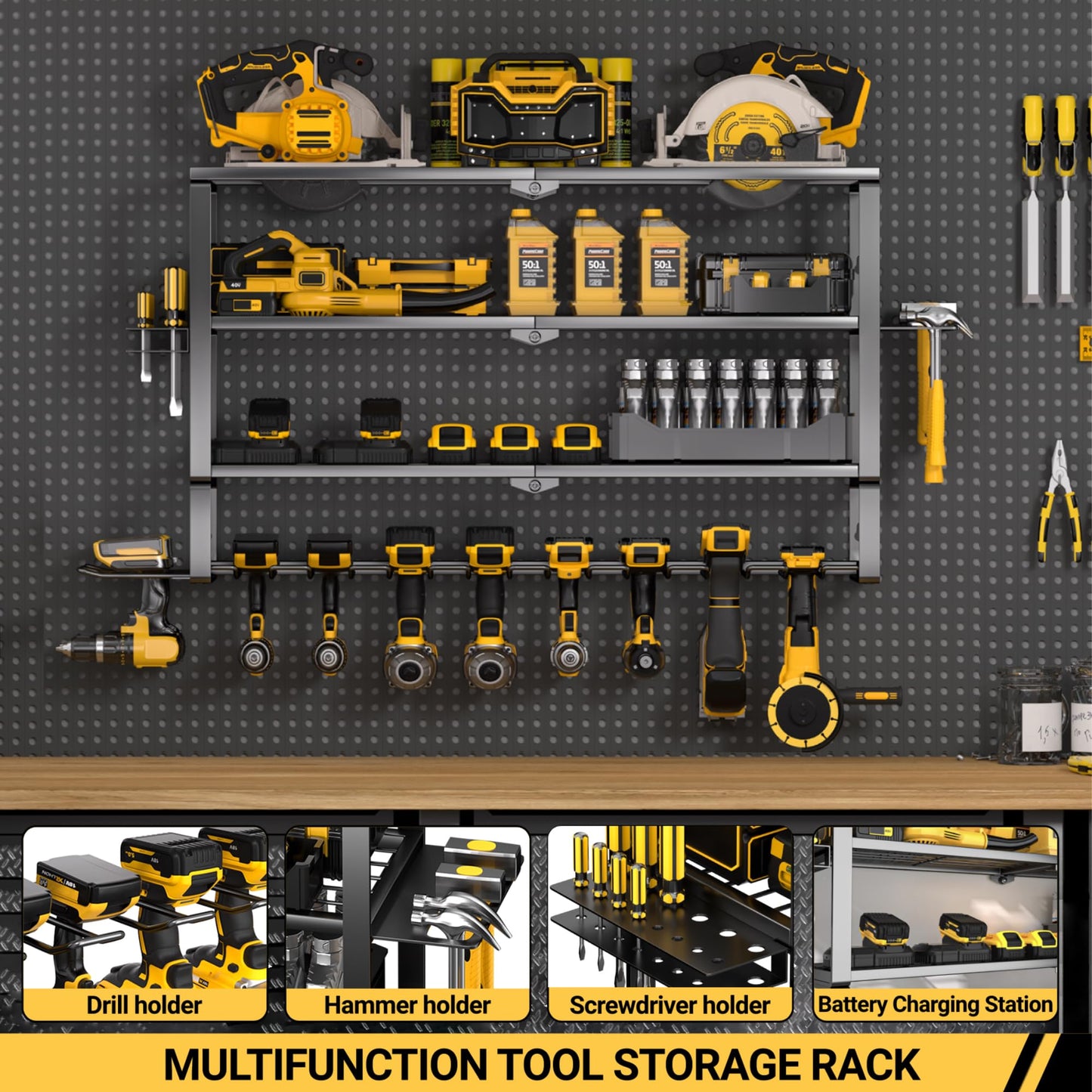 YYR Large Power Tool Organizer Wall Mount, Heavy Duty Metal Cordless Drill Storage Rack with Battery Charging Station Shelf, Utility Racks for Garage Organization, 4 Layer 10 Drills Holder Extra Tall