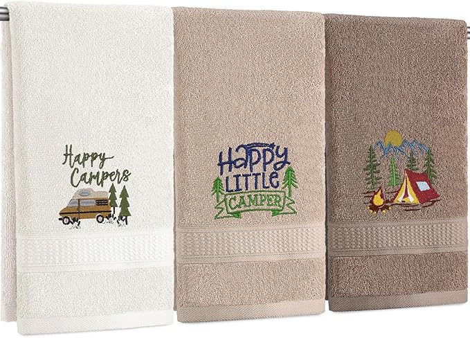 Kitchen 3 Pcs Camping Themed Hand Towels Embroidered Happy Camping Bathroom