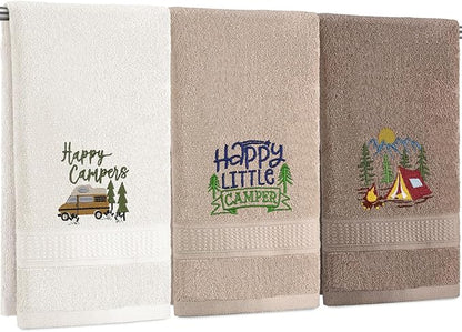 Kitchen 3 Pcs Camping Themed Hand Towels Embroidered Happy Camping Bathroom