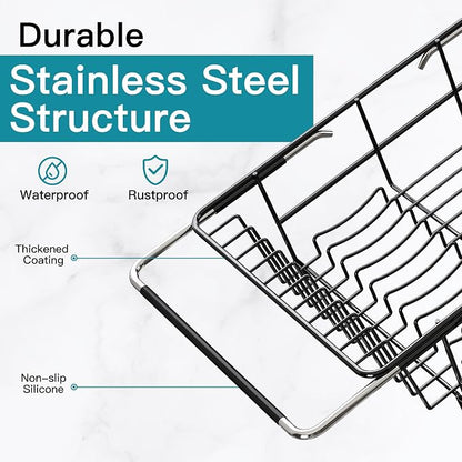 JASIWAY Black Dish Drying Rack in Sink, Expandable Stainless Steel Dish Drainers for Kitchen Counter, Dish Dryer Rack for Inside Sink, Over The Sink Dish Racks with Utensil Holder